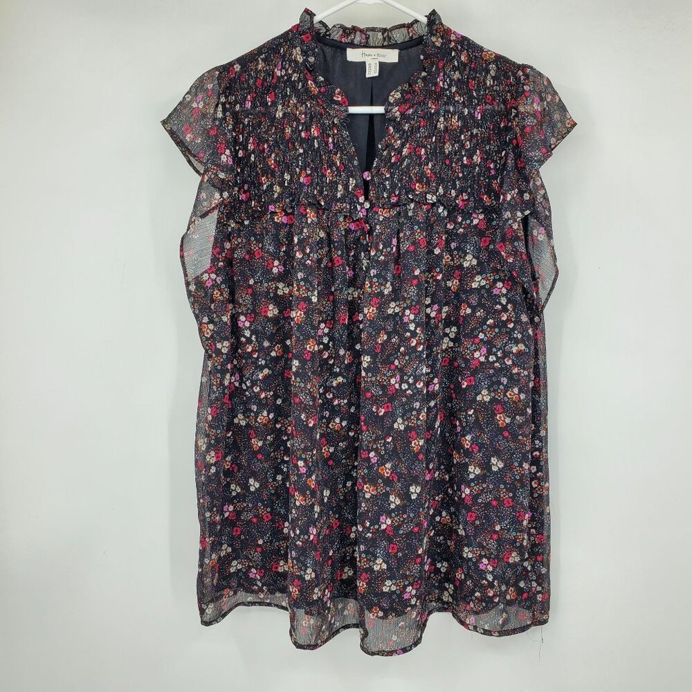 Haven + Blair Black Chiffony Floral Print Frilly Ruffle Flutter Sleeve‎ Shirt 1X